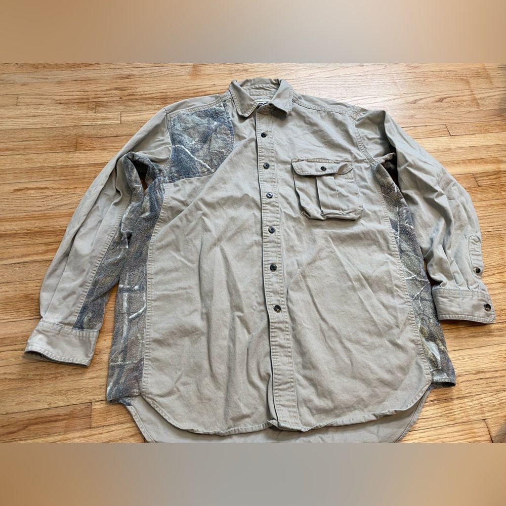 Wrangler Pro Gear Hunting Shirt Khaki Camo 100% Cotton Button Up Pocket Men's L